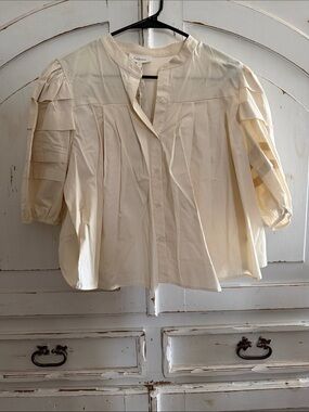 bohme Cream Pleated Button-Front Short Sleeve Blouse